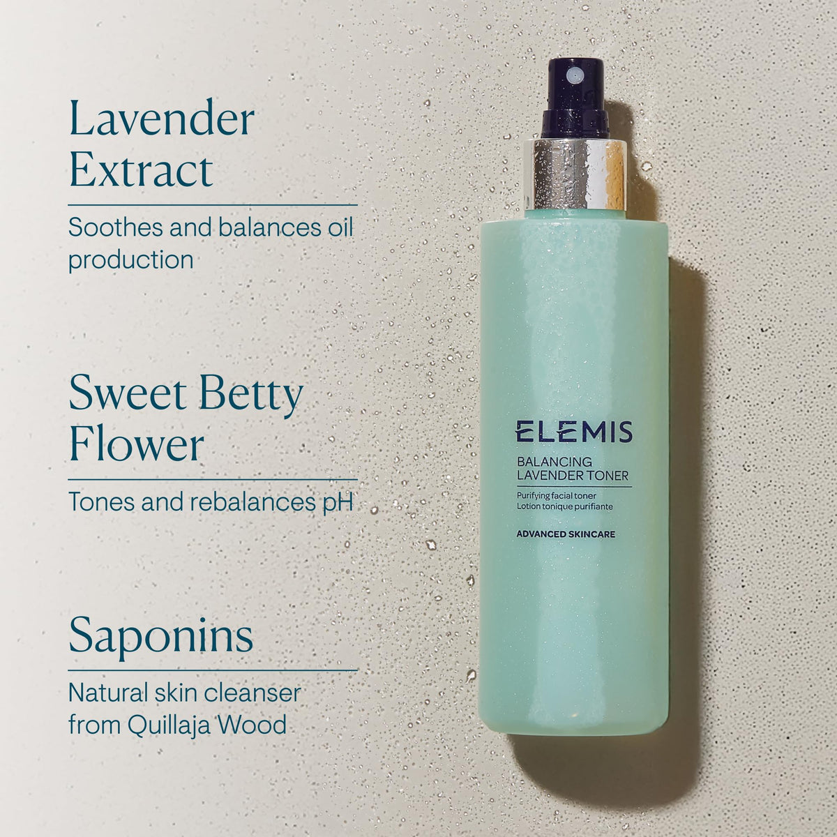 ELEMIS toner staged in a bathroom routine showing prep-for-serum benefit