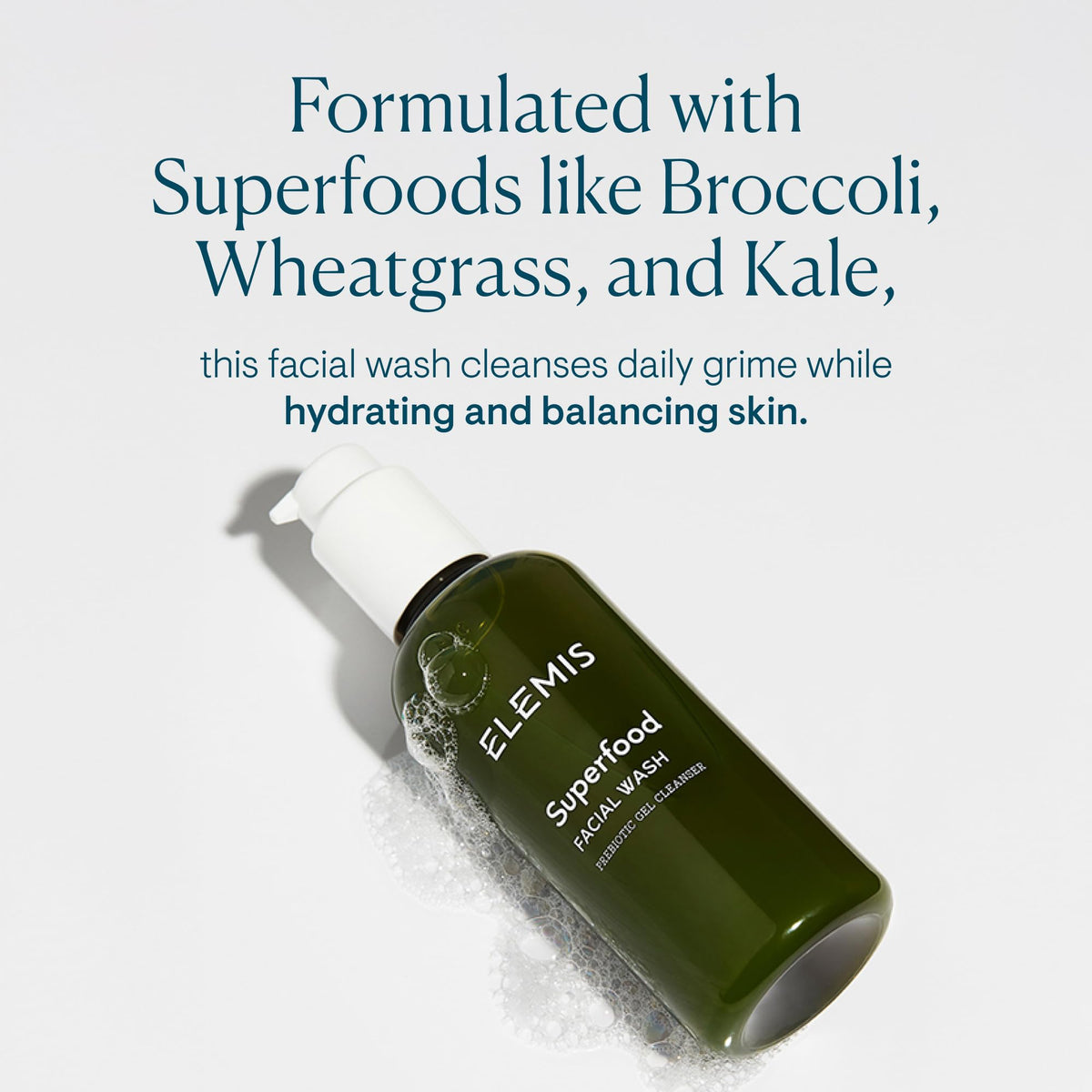 ELEMIS facial wash dispensed on hand showing easy-pump use and control