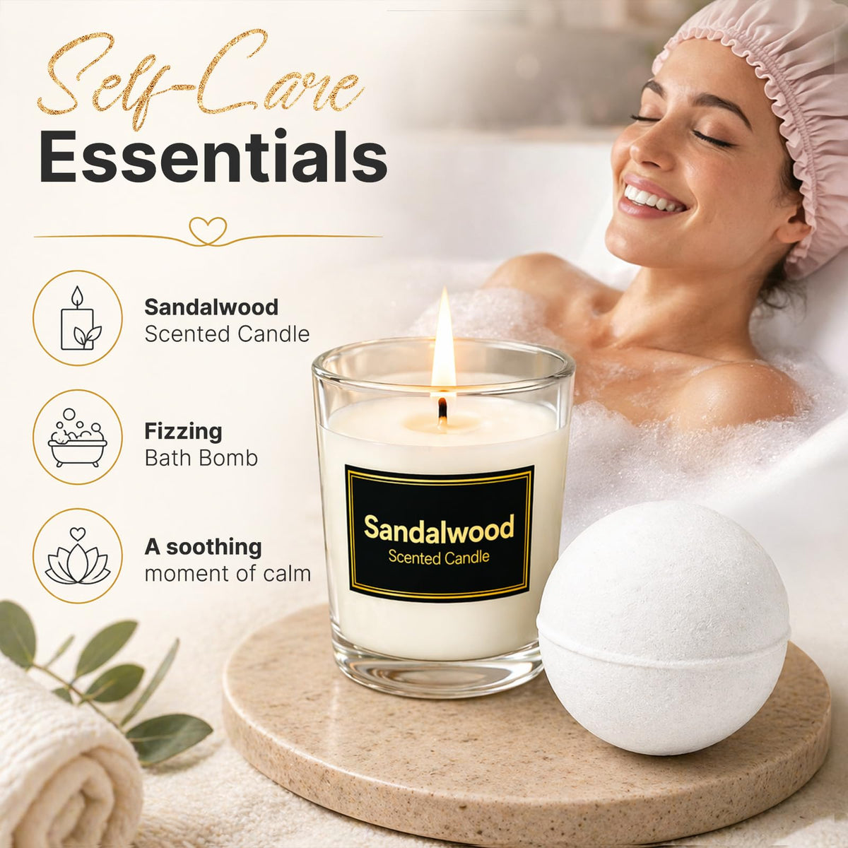 Eletorot sandalwood candle lit on table, creating calming ambience for relaxation