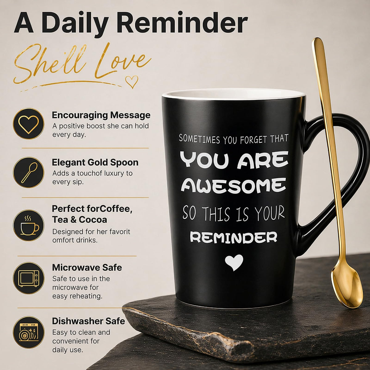 Eletorot pink mug close-up with quote visible, offering everyday encouragement benefit