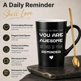 Eletorot pink mug close-up with quote visible, offering everyday encouragement benefit