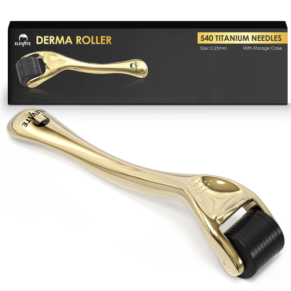 Elevate derma roller front view showing gold finish and ergonomic benefit