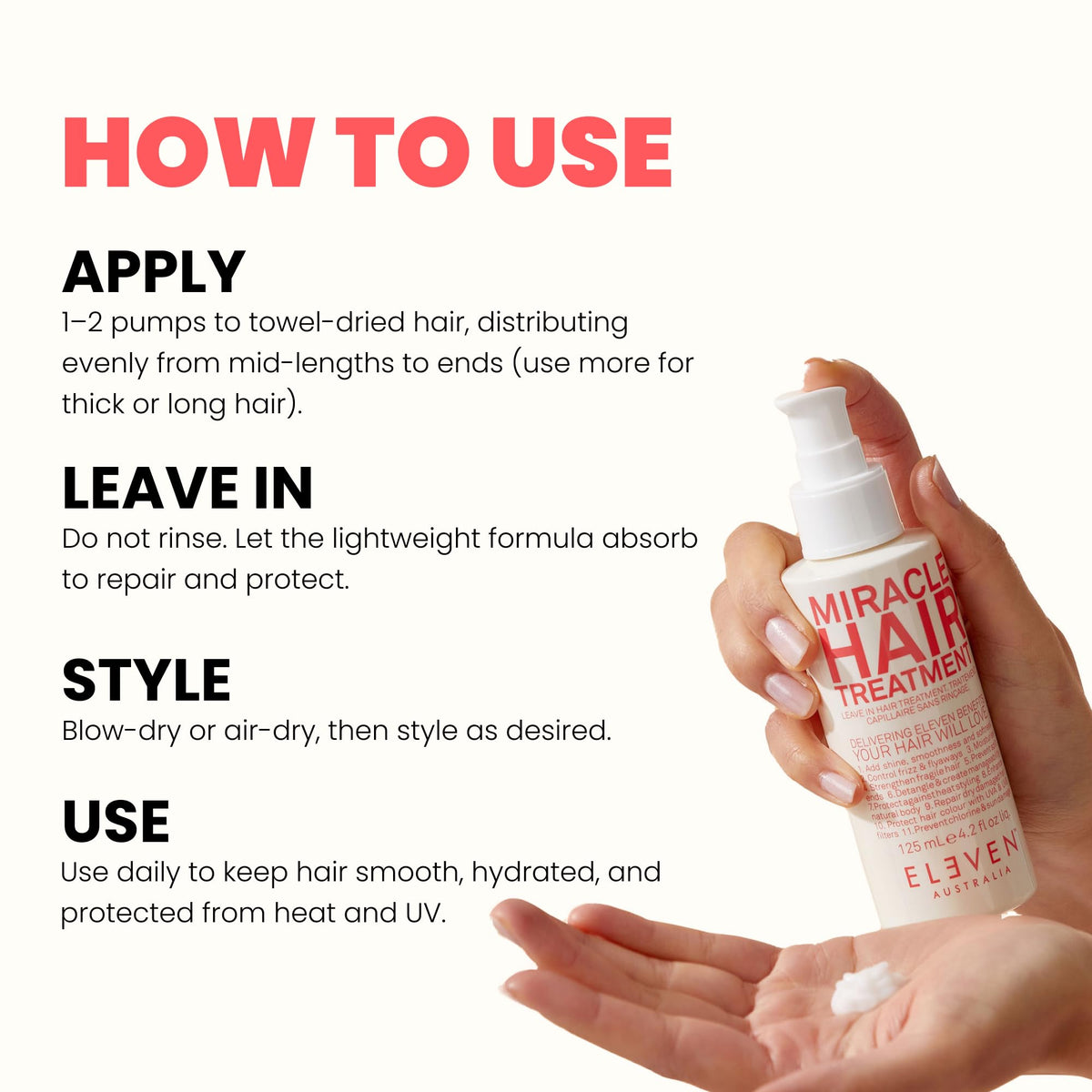 ELEVEN AUSTRALIA applying leave-in conditioner to wet hair for detangling benefit