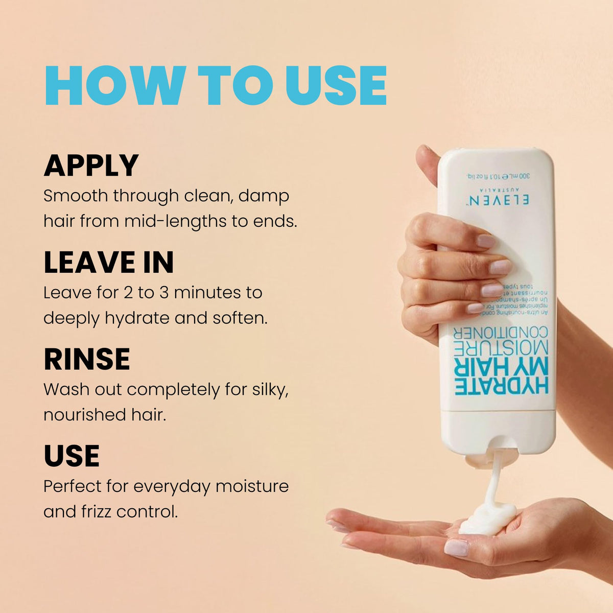 ELEVEN AUSTRALIA applying conditioner to hair for smoother strands