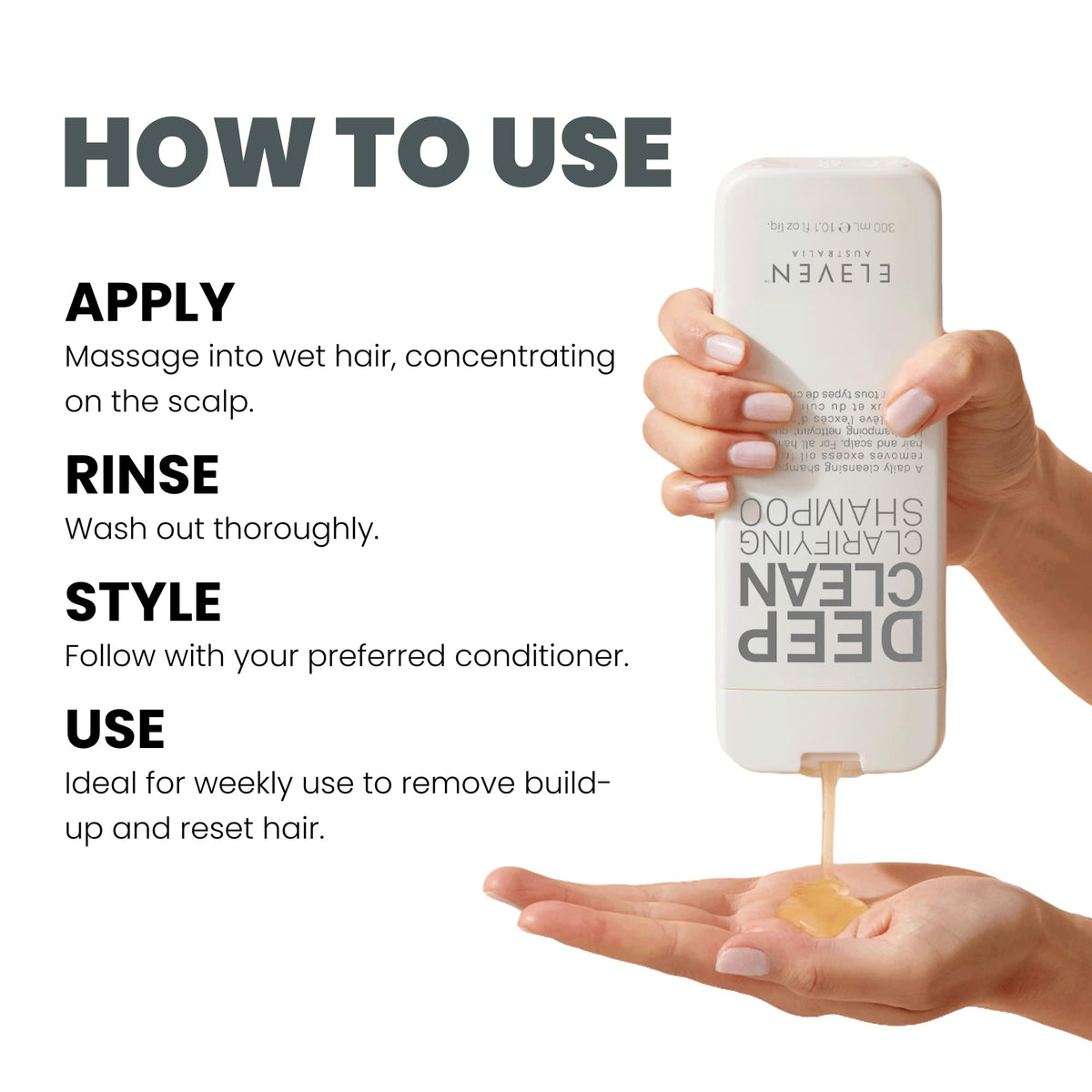 ELEVEN AUSTRALIA bottle next to hand showing 10.1 fl oz scale for size convenience