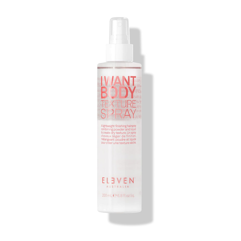 ELEVEN AUSTRALIA front packaging of I Want Body Texture Spray showing bottle and label benefit
