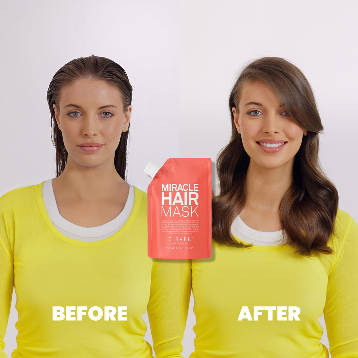 ELEVEN AUSTRALIA before and after shot of hair ends showing improved smoothness