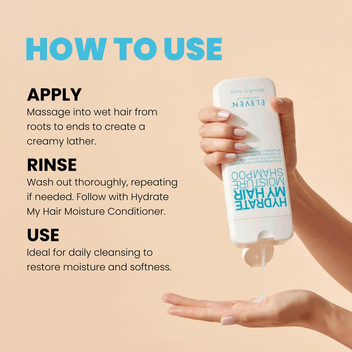 ELEVEN AUSTRALIA shampoo in hand lathering hair for nourishing cleanse