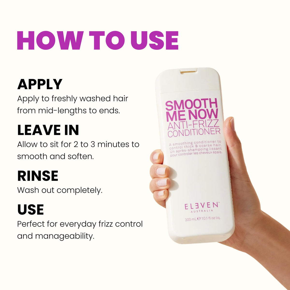 ELEVEN AUSTRALIA bottle on bathroom shelf in styling routine setting
