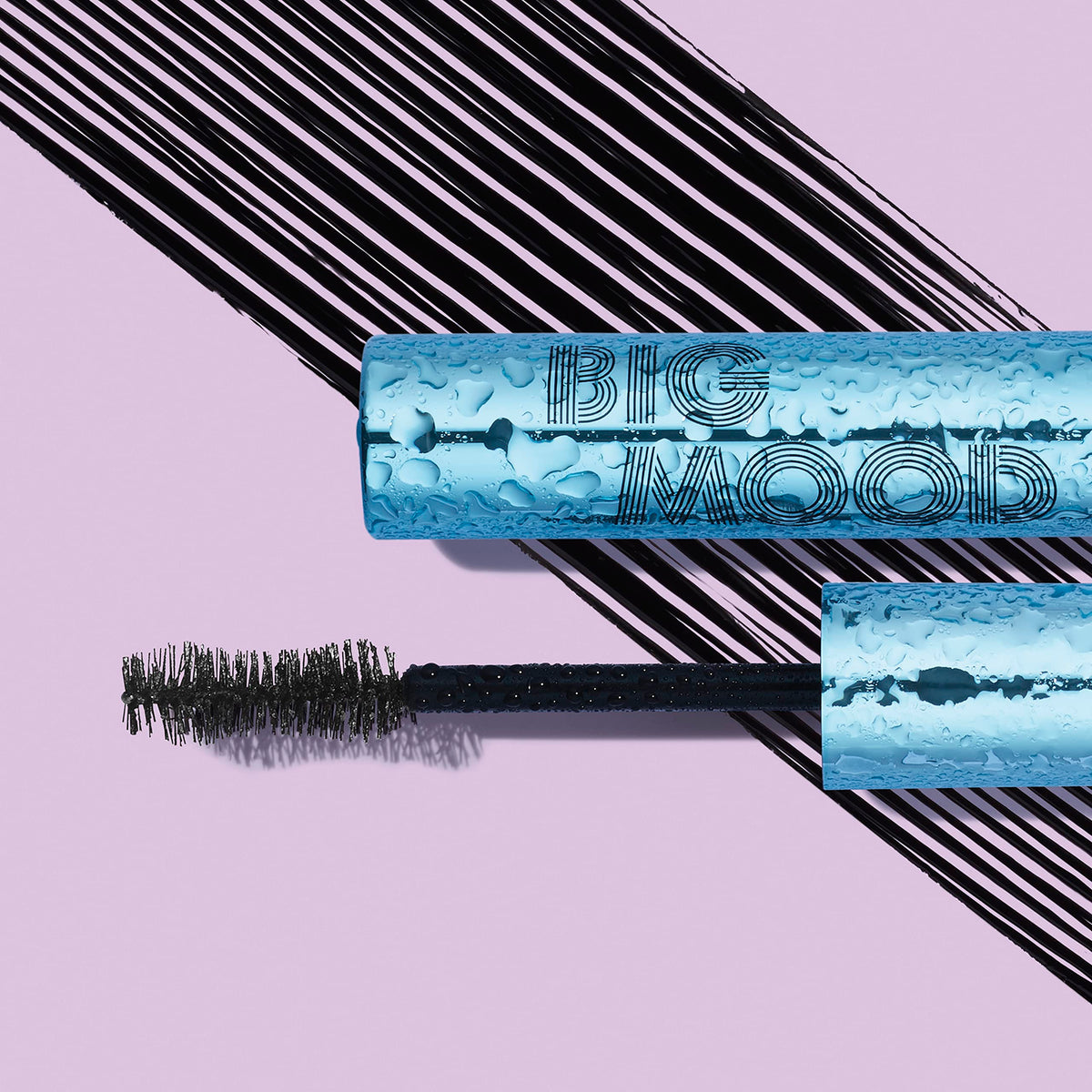 e.l.f. Big Mood mascara texture on wand swatch showing creamy jojoba wax formula for curl hold