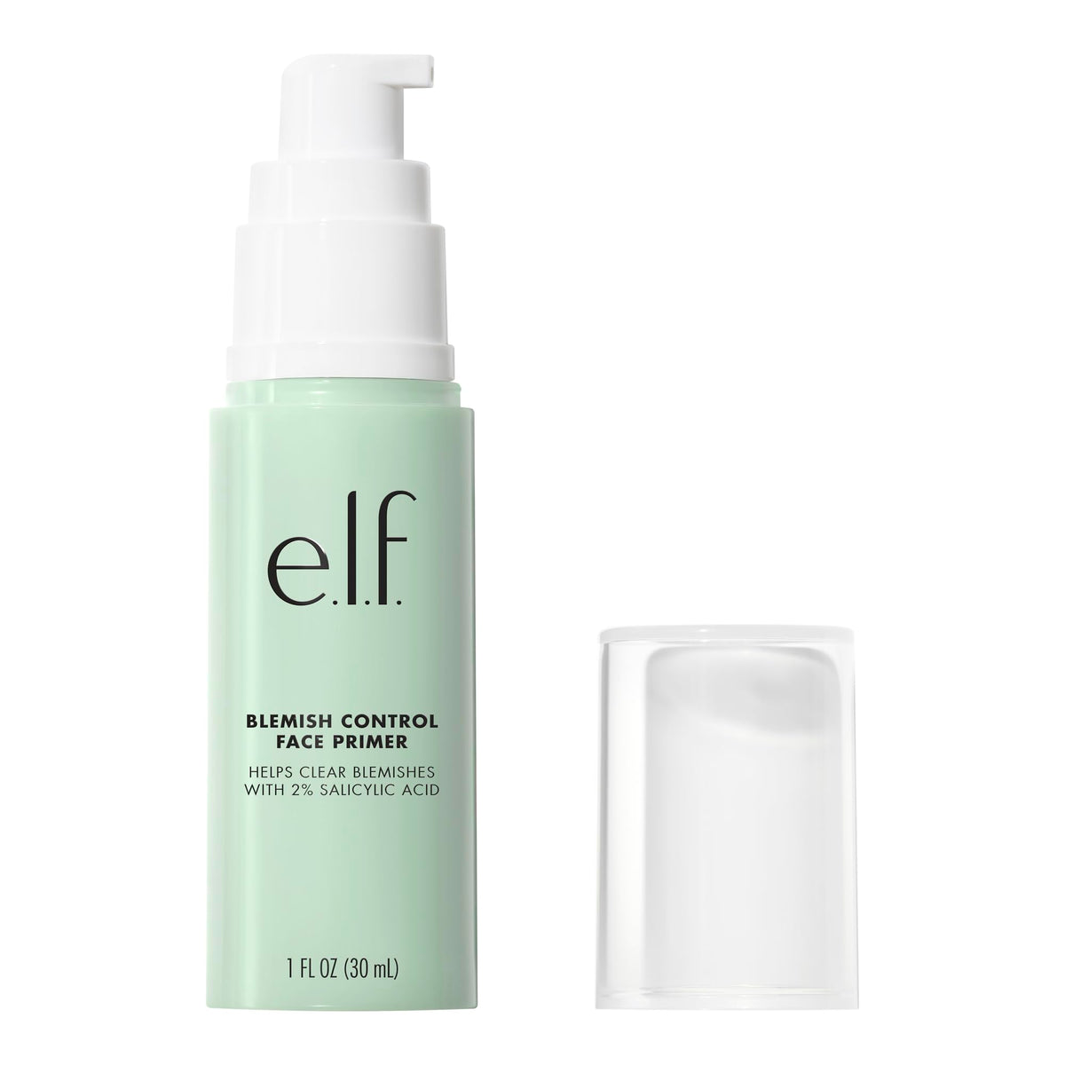 e.l.f. primer with tea tree and salicylic acid bottles showing key ingredients