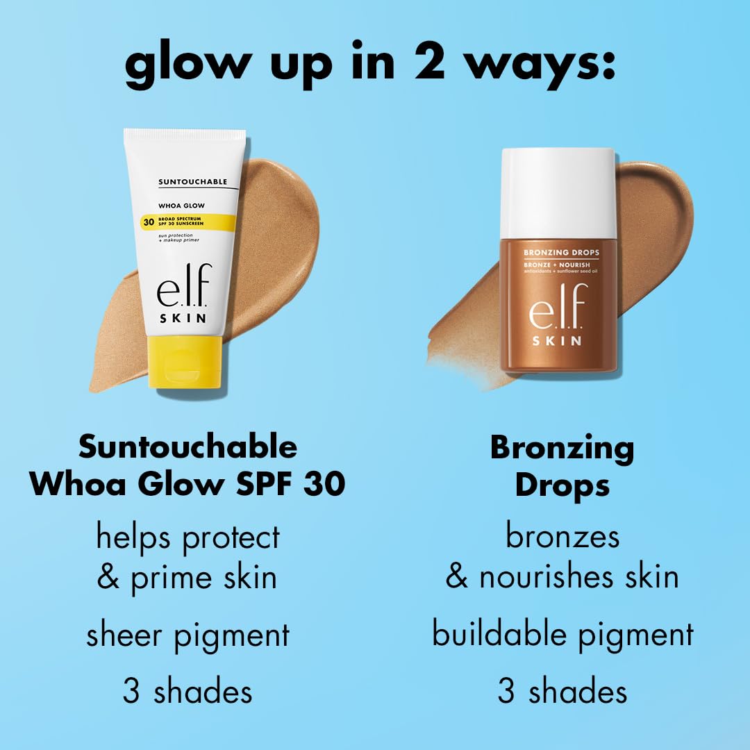 e.l.f. bronzing drops bottle next to hand for size and scale convenience