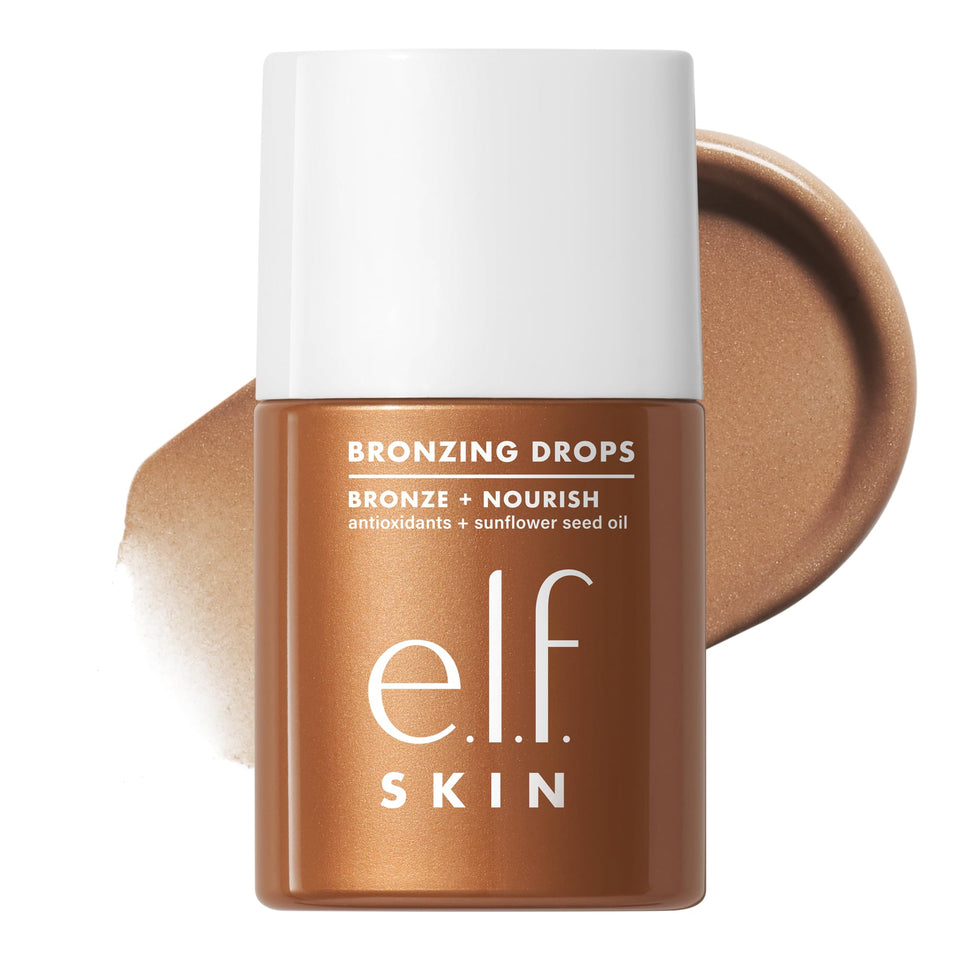 e.l.f. SKIN bronzing drops front packaging showing rose gold bottle and benefits