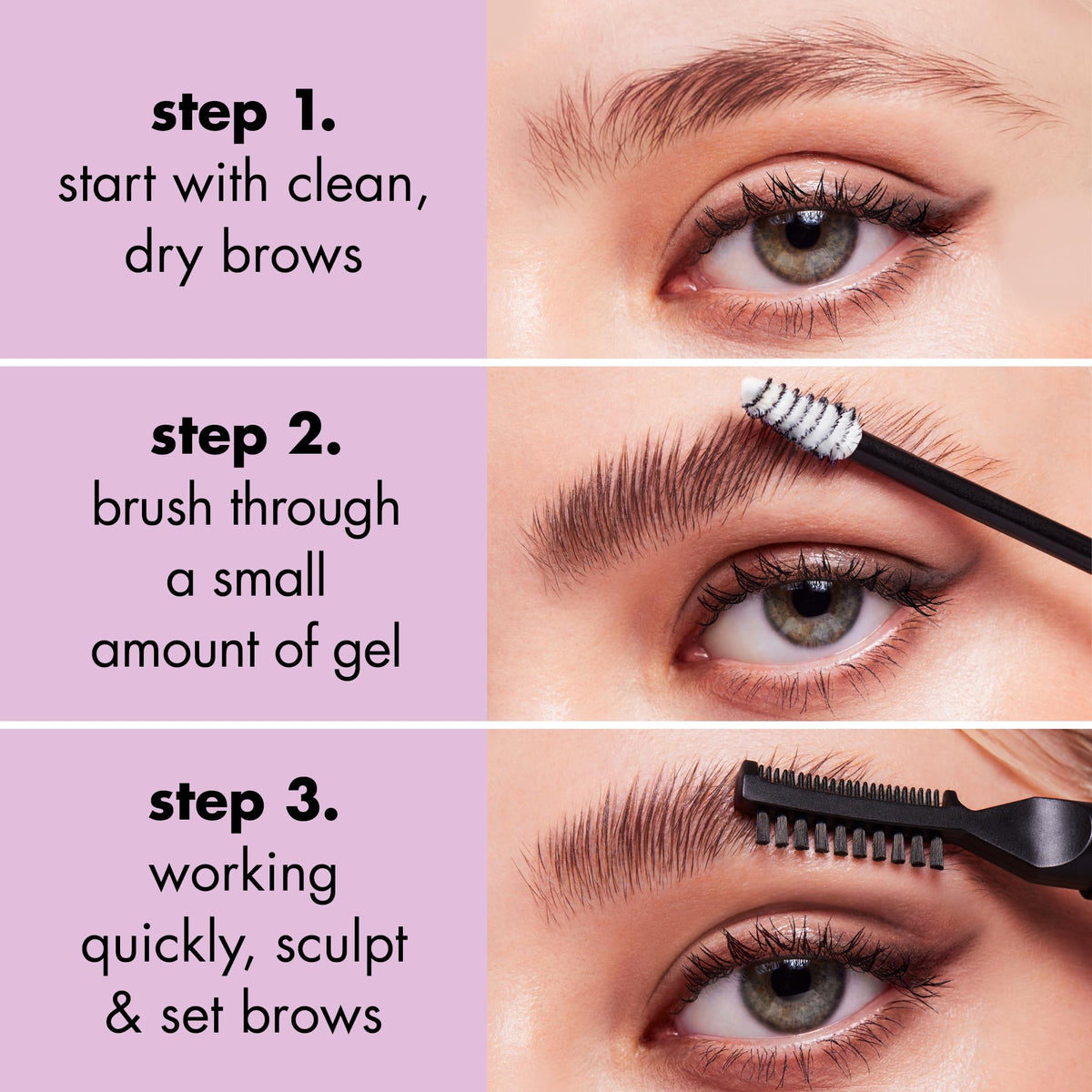 e.l.f. comb shaping brows to define arches and smooth hairs for laminated look