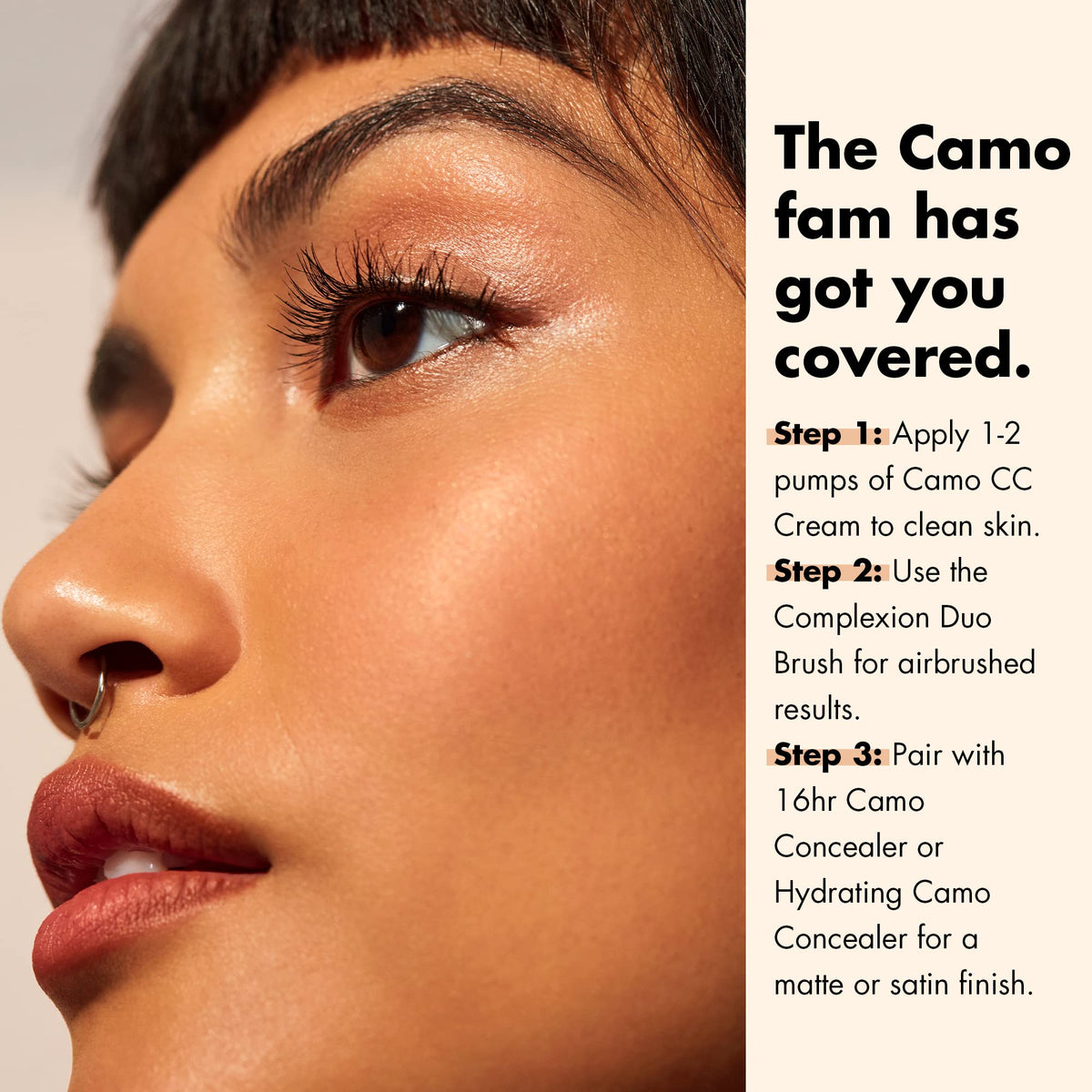 e.l.f. Camo CC Cream with visual of hyaluronic acid and peptides highlighting skin-smoothing benefit