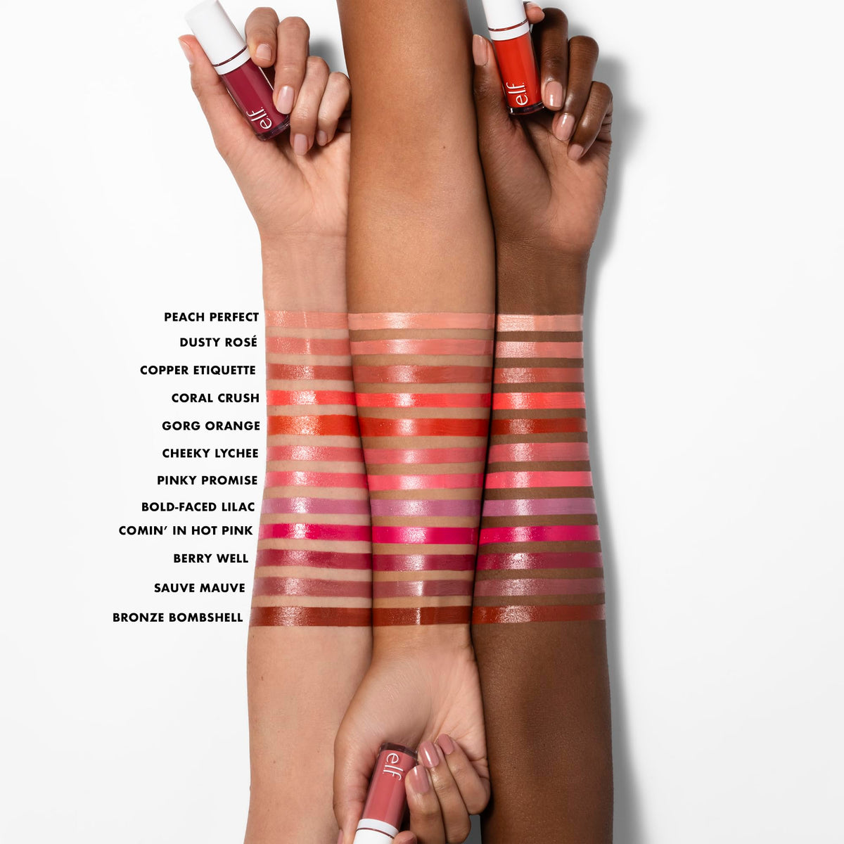 e.l.f. Coral Crush texture swatch on skin showing dewy, blendable pigment for luminous cheek color