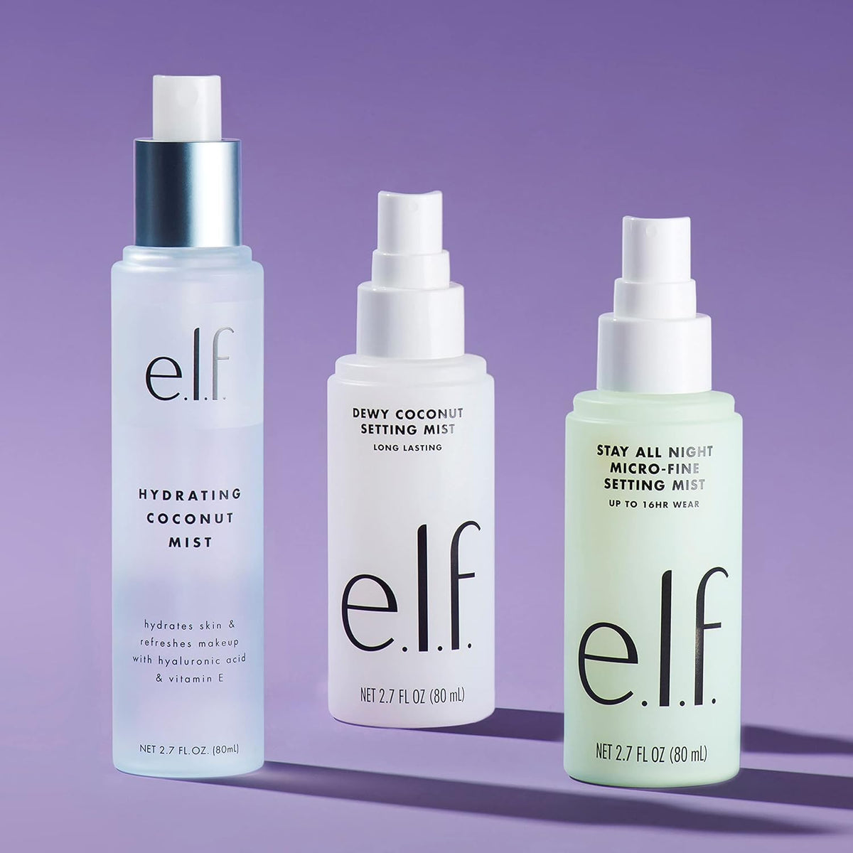 e.l.f. Dewy Coconut next to a hand for scale, shows portable 2.7 fl oz size