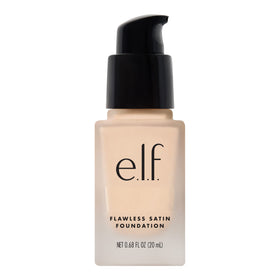 e.l.f. Flawless Satin Foundation front packaging showing shade Snow and benefit of buildable coverage
