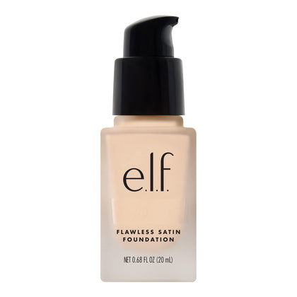 e.l.f. Flawless Satin Foundation front packaging showing shade Snow and benefit of buildable coverage
