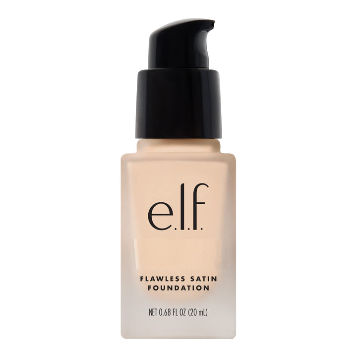 e.l.f. Flawless Satin Foundation front packaging showing shade Snow and benefit of buildable coverage