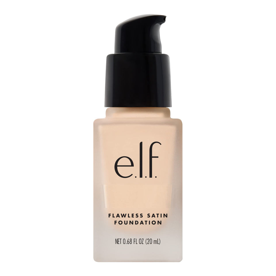 e.l.f. Flawless Satin Foundation front packaging showing shade Snow and benefit of buildable coverage