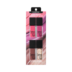 e.l.f. lip oil kit front view showing four shades and glossy finish benefit
