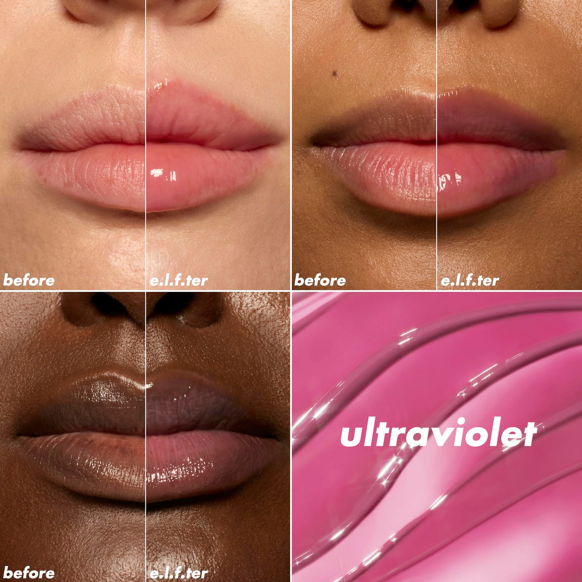 e.l.f. liquid texture showing glossy sheen and nourishing oil finish for hydrated lips