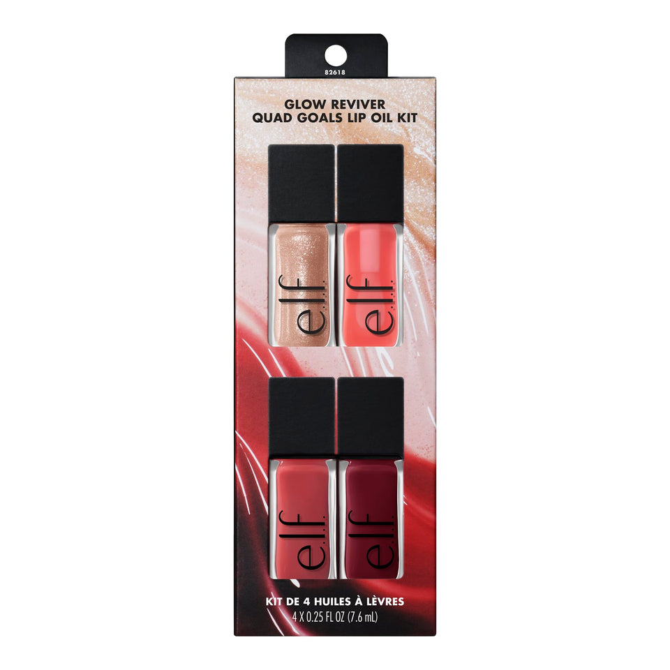 e.l.f. front packaging displaying four Glow Reviver lip oils and shades benefit: clear shade selection