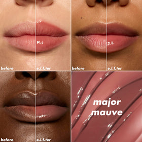 e.l.f. glossy texture close-up highlighting non-sticky formula and nourishing oils