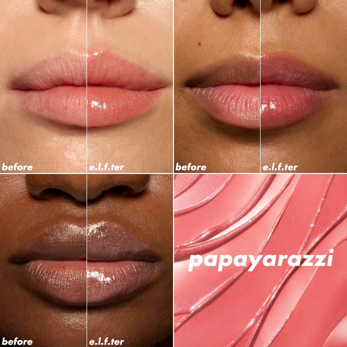 e.l.f. texture swipe of lip oil showing glossy, sheer color and shine