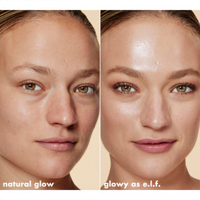 e.l.f. Halo Glow held by mirror in bathroom, simplifies everyday glow