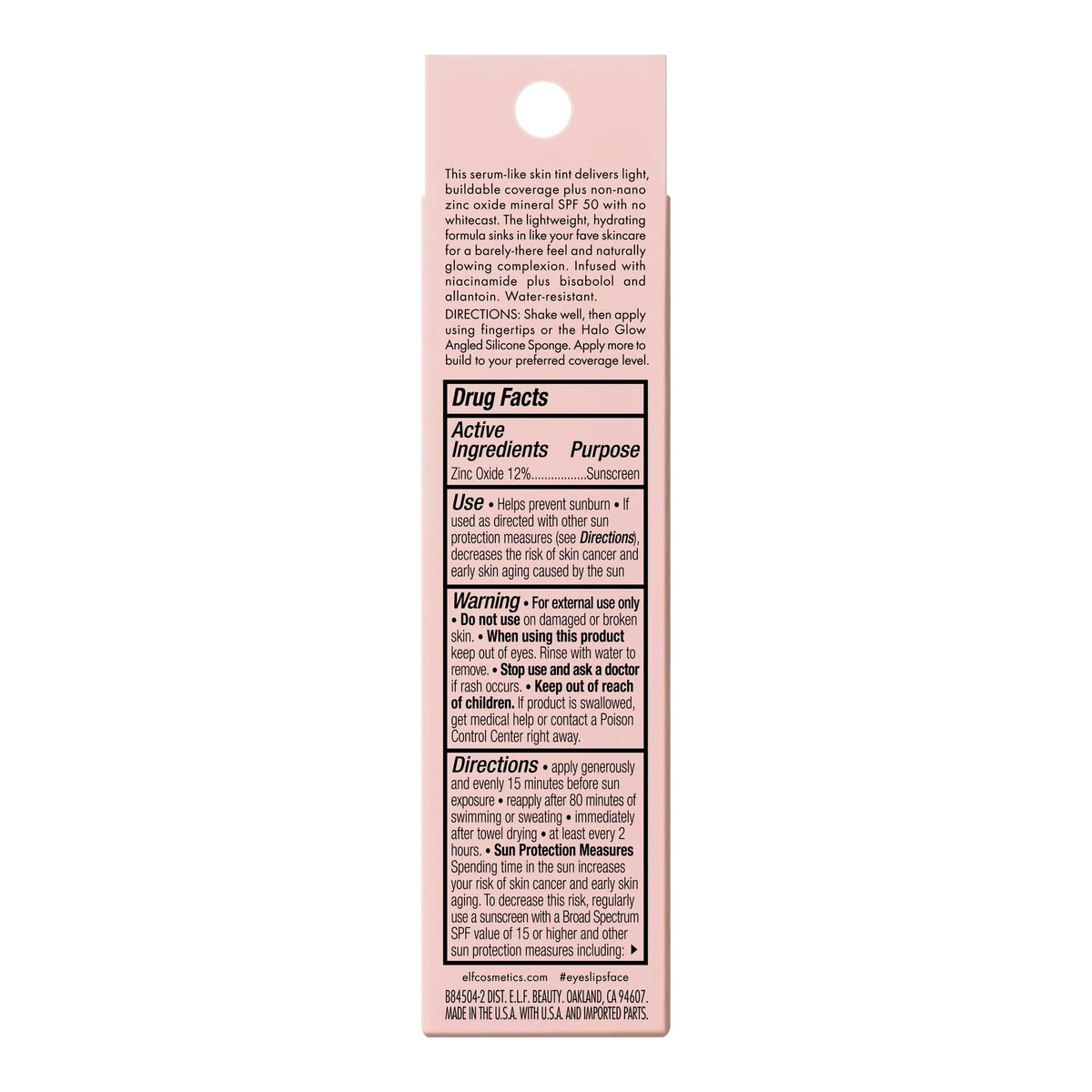e.l.f. Halo Glow ingredients label highlighting zinc oxide and niacinamide