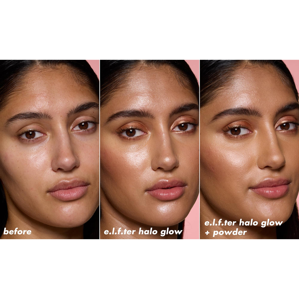 e.l.f. model wearing powder in natural light showcasing soft glow