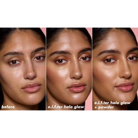 e.l.f. model wearing powder in natural light showcasing soft glow
