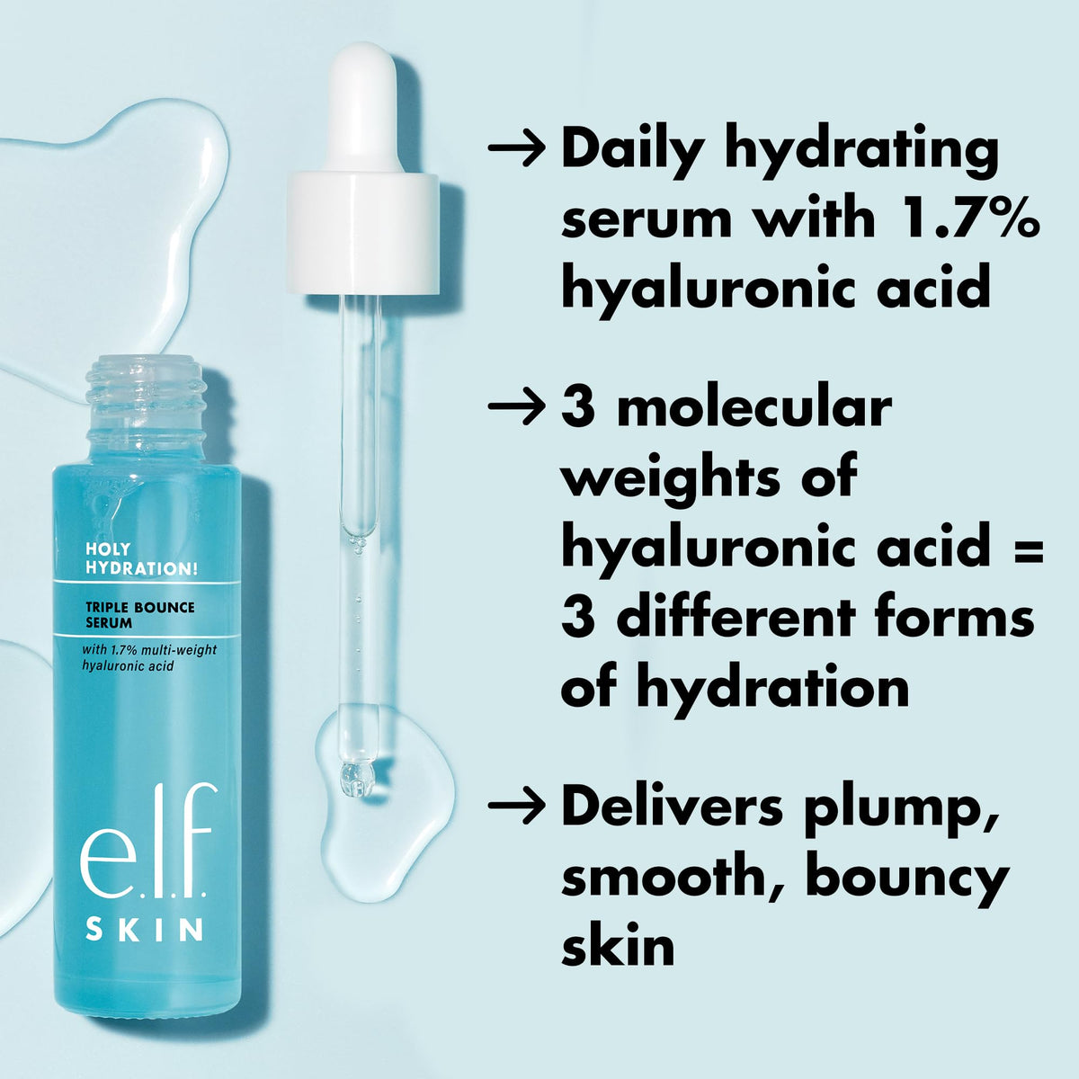 e.l.f. serum drops on skin showing plumping effect and instant moisture