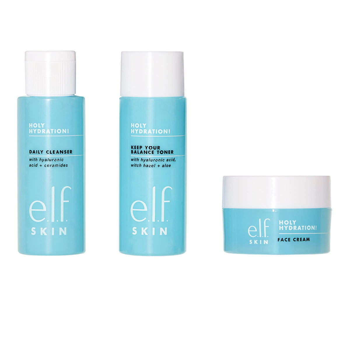 e.l.f. mini kit front packaging showing cleanser toner moisturizer, travel convenience