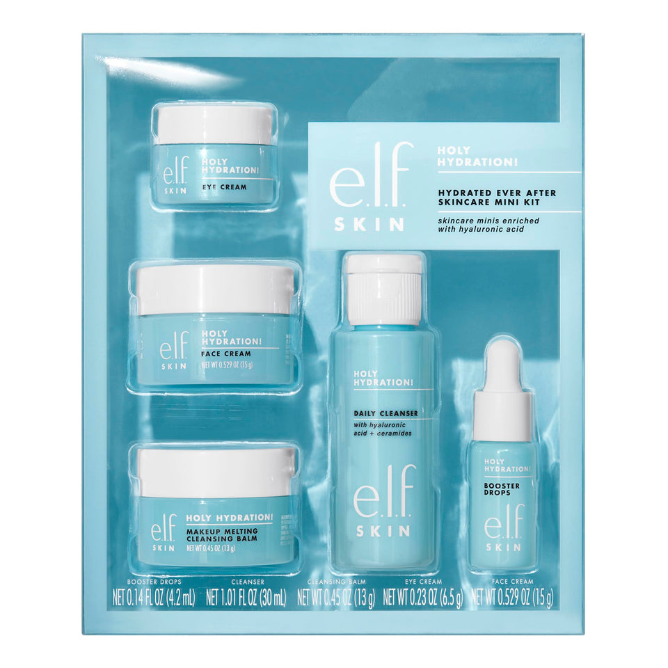 e.l.f. Holy Hydration mini kit front packaging shows compact travel-friendly set and benefits hydration