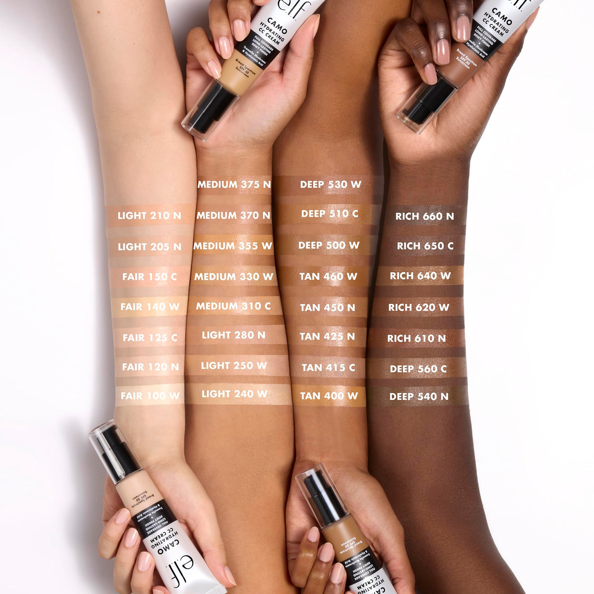 e.l.f. multiple shade swatches on arm showing coverage and blendability