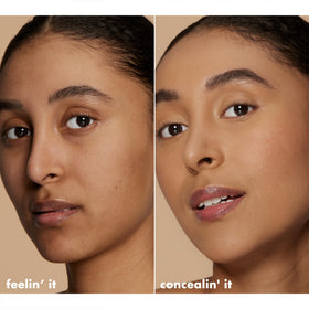 e.l.f. close-up of label highlighting Tan Sand olive undertones and clean formula benefit