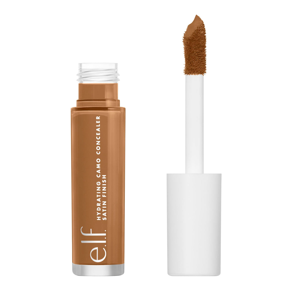 e.l.f. concealer front packaging showing shade Deep Caramel and benefits