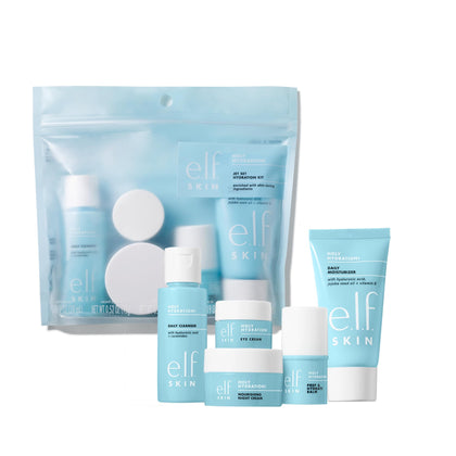 e.l.f. kit front packaging showing travel-size bottles and clean design benefit travel convenience