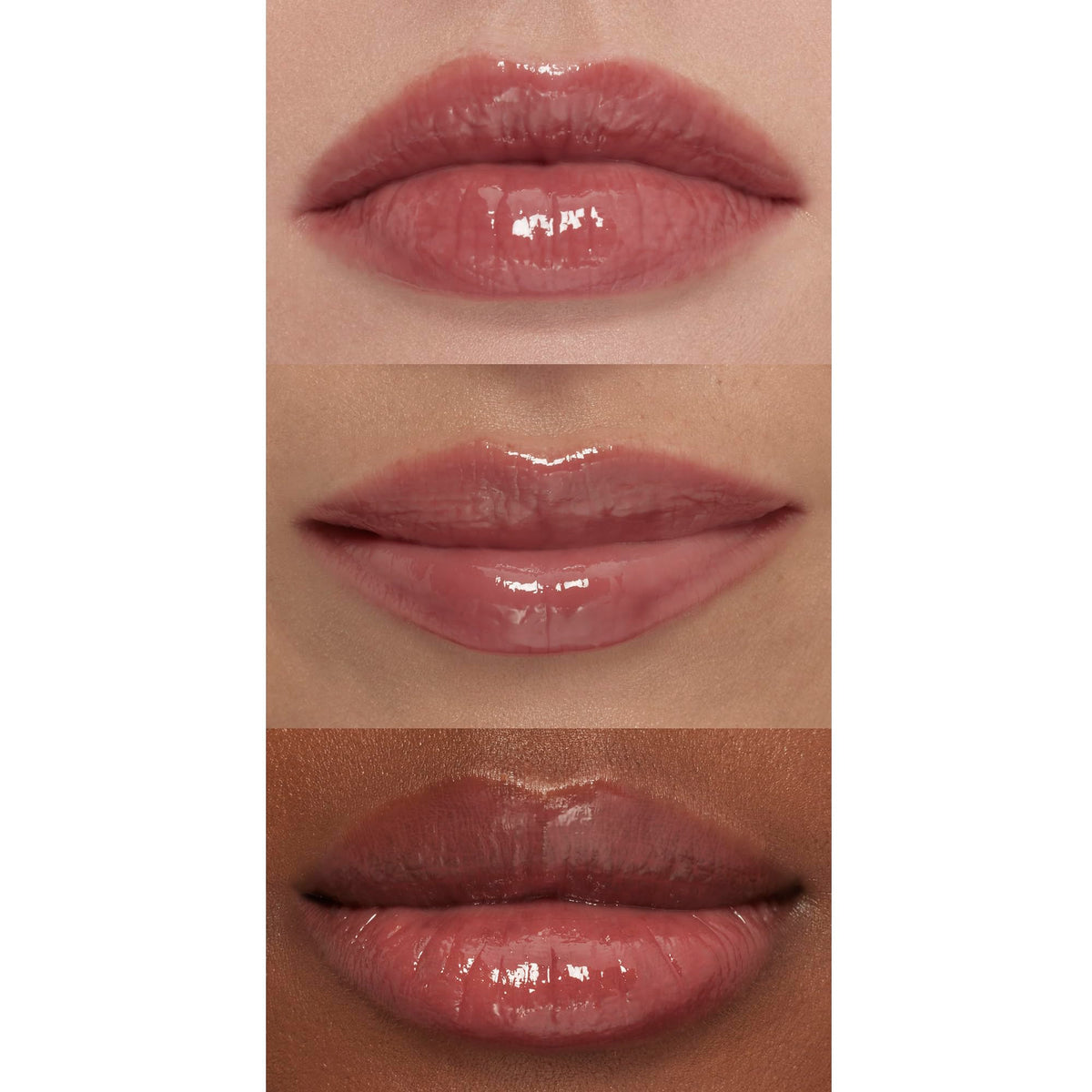 e.l.f. model wearing praline gloss showing fuller-looking, moisturized lips