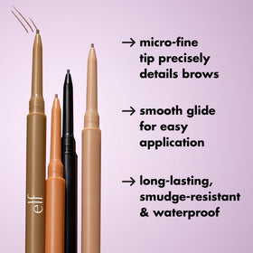 e.l.f. close-up of 1mm tip highlighting fine-point accuracy for hair-like brow strokes benefit