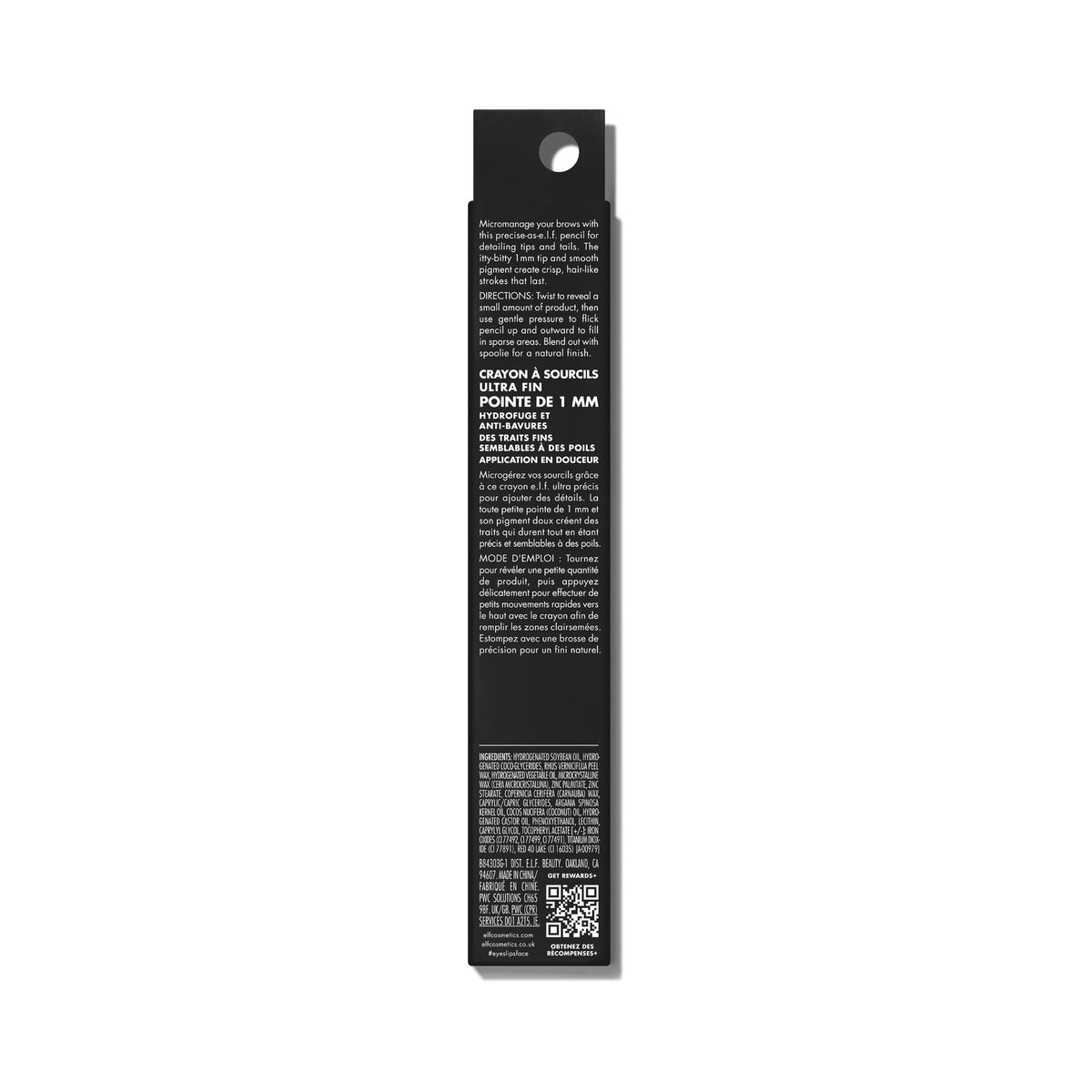 e.l.f. Micro-Fine Brow Pencil packaging and Fair Trade seal highlighting ethical manufacturing benefit