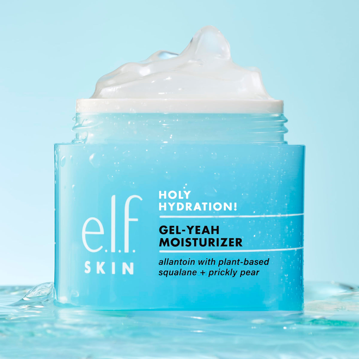 e.l.f. open jar displaying gel contents and fast-absorbing finish