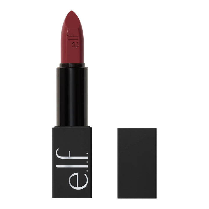e.l.f. front view of Shameless lipstick showing rich satin payoff and bold color