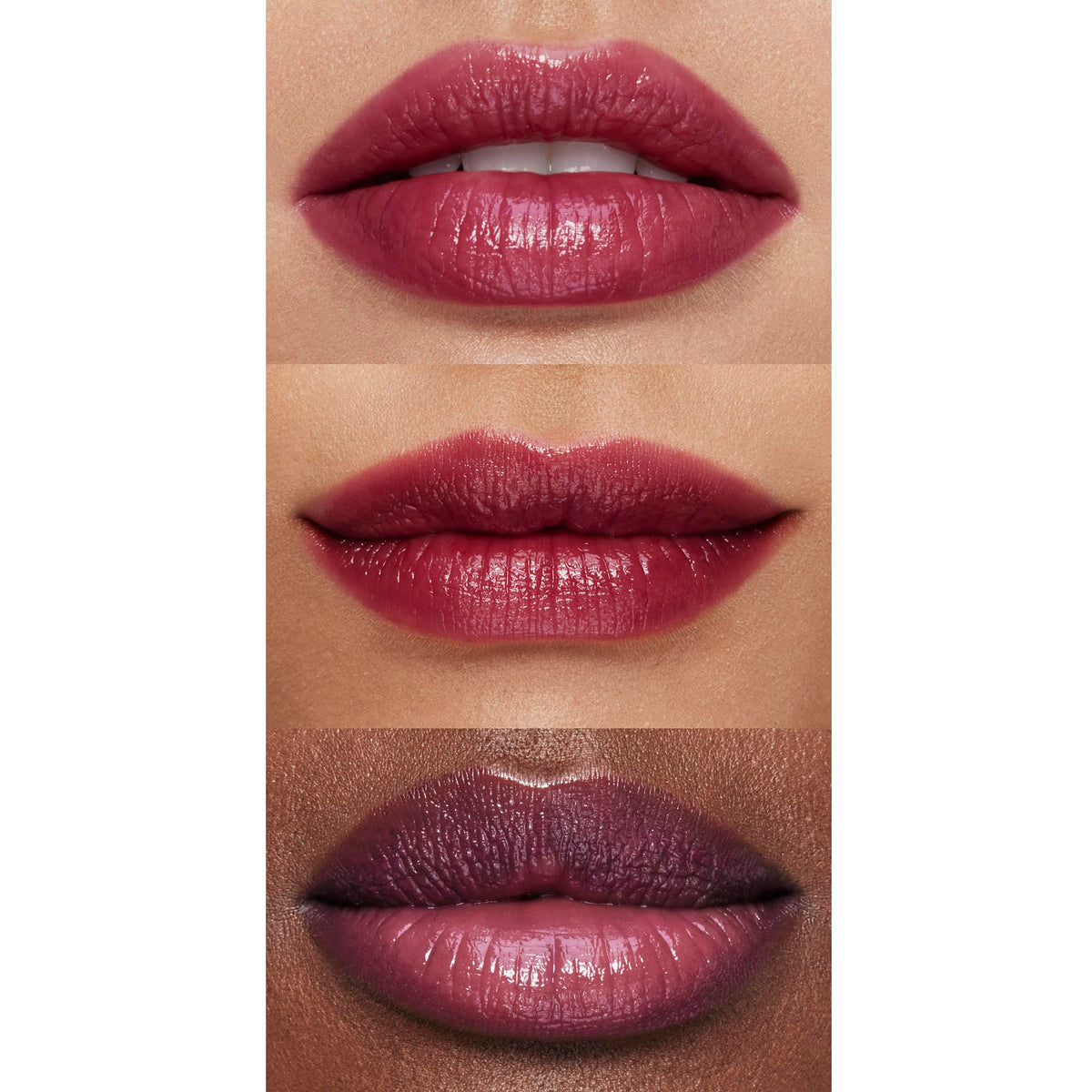 e.l.f. Pout Clout swatch on hand showing sheer plum color payoff
