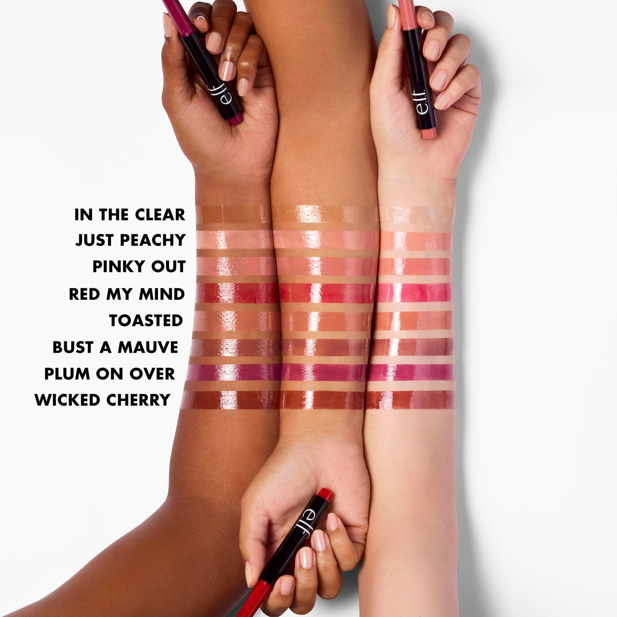 e.l.f. product swatch showing sheer cherry tint and non-sticky glossy texture benefit