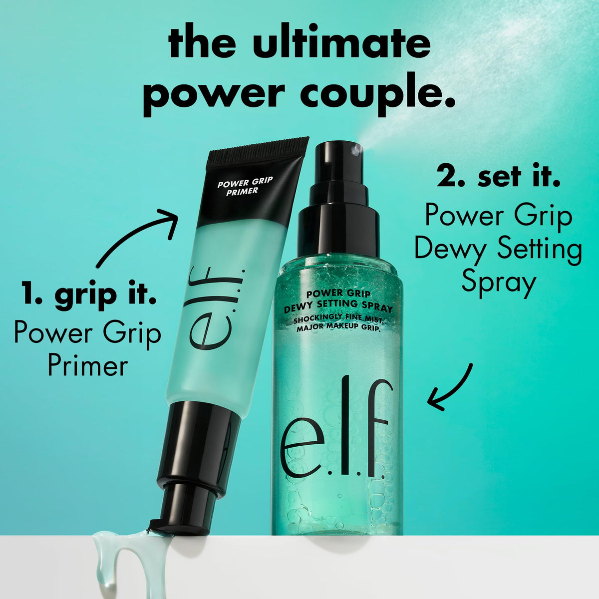e.l.f. Power Grip on model with dewy skin for hydrated, makeup-finished look