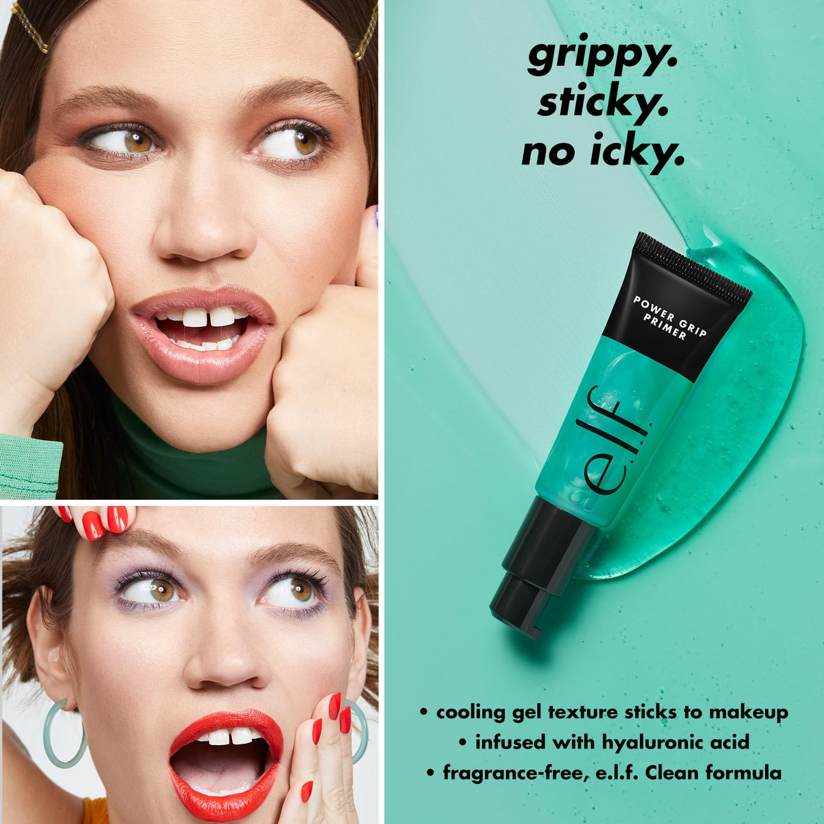 e.l.f. Power Grip Primer dispensing gel onto fingertip demonstrating easy application
